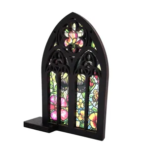 Gothic style translucent wooden window decor, colorful floral stained glass desktop ornament.
