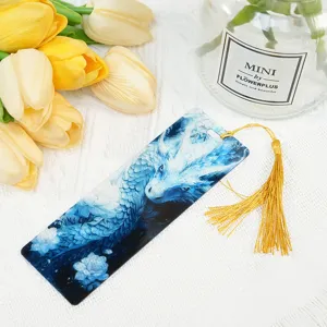 Transparent acrylic bookmark with blue dragon pattern and gold tassel student stationery
