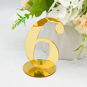 Gold mirror acrylic table number 6 detail shot, elegant wedding decor desk sign display stand