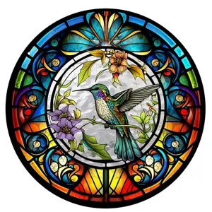 Detailed view of colorful acrylic hummingbird stained glass window hanging suncatcher decor.