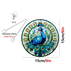 Acrylic stained glass peacock suncatcher with hanging chain and hook, 15cm size decor.