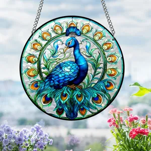 Acrylic stained glass peacock window hanging sun catcher, beautiful home decor detail view.
