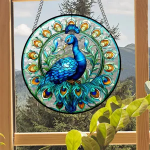 Stunning acrylic stained glass peacock suncatcher window hanging home wall decor item