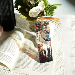 Stained glass style unicorn acrylic bookmark with gold tassel, creative light-transmissive design.