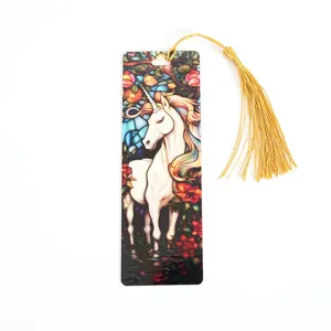 Creative stained glass style unicorn acrylic bookmark with elegant golden tassel for books