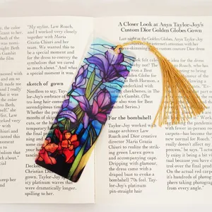 Translucent stained glass floral acrylic bookmark with gold tassel detail for reading lovers.