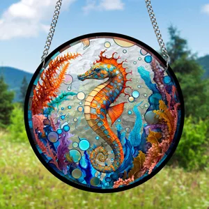 Acrylic Stained Glass Seahorse Suncatcher Hanging Panel Colorful Ocean Wall Decor