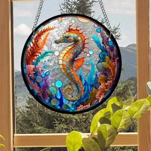 Acrylic stained glass seahorse window hanging suncatcher for home decor and wall art.