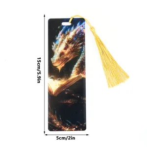 Acrylic dragon bookmark with gold tassel, luminous fantasy design 15x5cm student stationery item.