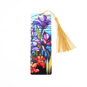 Acrylic Stained Glass Floral Bookmark with Elegant Golden Tassel Close-up View