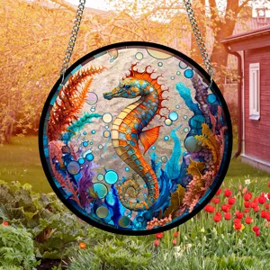 Acrylic stained glass seahorse window hanging suncatcher for home and garden decor.