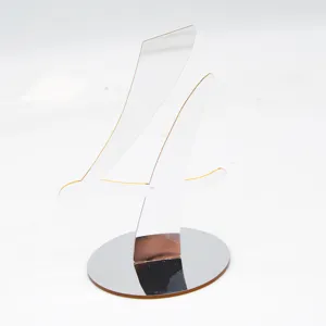 Acrylic table number sign with mirror base for wedding reception, restaurant table seating decor.