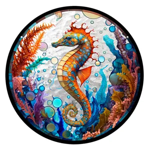 Acrylic stained glass seahorse suncatcher wall hanging, vibrant ocean marine decor for window home.