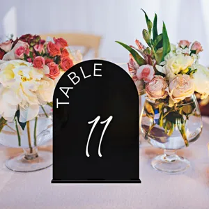 Black acrylic arch table number sign, wedding table decor with white number print for event.