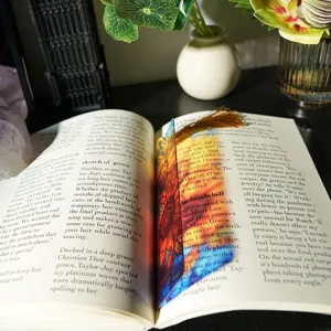 Translucent acrylic bookmark with colorful pattern and elegant tassel accessory for reading books.
