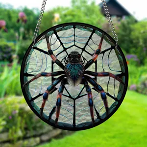 Detailed close-up view of round acrylic stained glass spider suncatcher window hanging decor