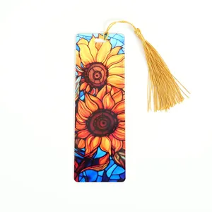 Beautiful acrylic sunflower bookmark with gold tassel, colorful stained glass reading page marker.