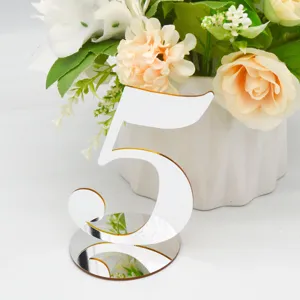 Acrylic table number 5 detail view, elegant wedding reception decoration desk sign.