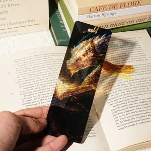 Translucent acrylic bookmark with a golden dragon pattern and elegant tassel accessory.