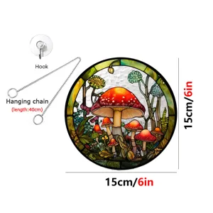 Round acrylic stained glass mushroom suncatcher with 40cm hanging chain and hook, 15cm