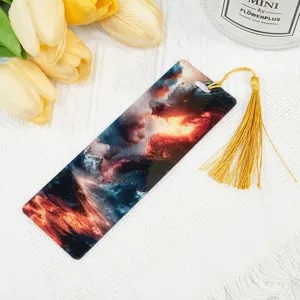 Acrylic dragon pattern bookmark with gold tassel, detailed view of the literary stationery.