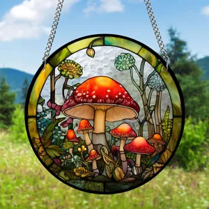 Acrylic Stained Glass Mushroom Suncatcher Window Hanging Decor Forest Nature Art Panel