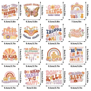 Cute retro motivational magnetic stickers for fridge and locker, 16 designs with sizes.