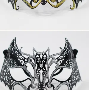 Exquisite black metal masquerade mask with silver glitter and sparkling rhinestones for parties.