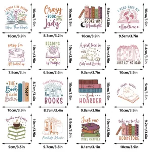 Detailed view of cute book-themed decorative sticker and magnet designs with size dimensions.