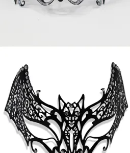 Black metal masquerade mask with rhinestones and glitter, gothic bat design for party carnival.