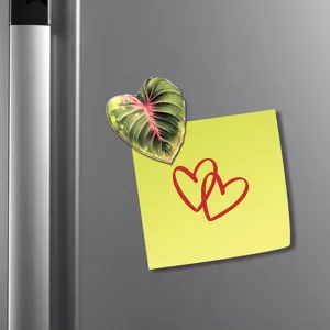Gros plan détaillé d'un aimant de réfrigérateur en acrylique avec une feuille tropicale.