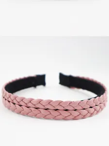 Pink braided leather headband detail, sweet style hair hoop, daily fashion hair accessory.