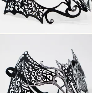 Black metal masquerade mask detail close-up, featuring intricate filigree and rhinestones.