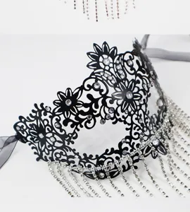 Detailed view of black metal masquerade mask with sparkling rhinestones and dangling diamond fringe chains.