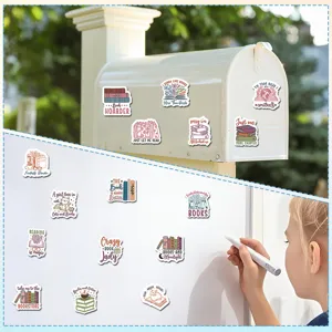 Close up of cute book themed decorative magnetic stickers displayed on whiteboard and mailbox.