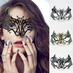 Gothic Metal Rhinestone Masquerade Mask Painted Hollow Out Bat Face Mask For Halloween Carnival Costume Party Women