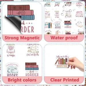 Cute book theme magnetic stickers for fridge, locker and home decor with waterproof design.