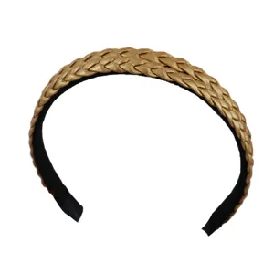Gold braided headband for women, stylish faux leather hair hoop for daily wear.