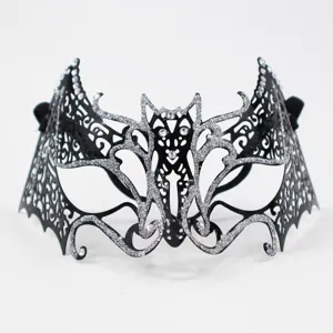 Black metal filigree masquerade mask with silver glitter rhinestones for party carnival.