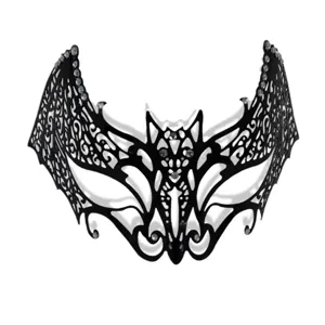 Exquisite black metal laser-cut masquerade mask featuring sparkling rhinestones and bat wing design.