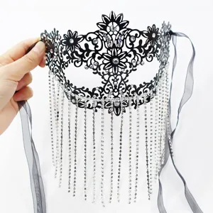 Sexy Mysterious Metal Hollow Ironwork Mask With Long Rhinestone Tassel Chain Shiny Crystal Masquerade Carnival Party Princess Ribbon Face Mask For Women