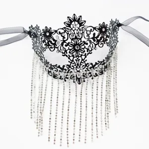 Elegant black metal masquerade mask with sparkling rhinestones and delicate tassel chains for parties.