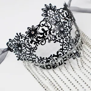 Black metal masquerade mask with sparkling rhinestones and elegant hanging crystal tassel chains.