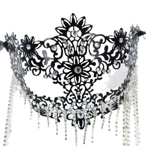 Black metal filigree masquerade mask with sparkling rhinestone tassels for party events.