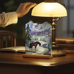 Acrylic stained glass horse desktop ornament with wood base for home office decoration