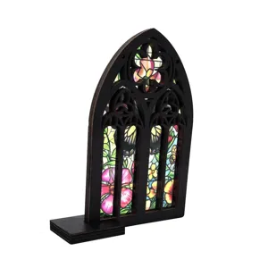 Wooden gothic stained glass window ornament, elegant tabletop home decor display piece.