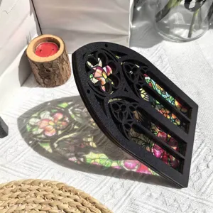 Gothic wooden stained glass window ornament light transmitting home decor desktop display