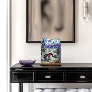 Stained glass style acrylic desktop ornament featuring a majestic horse in a forest landscape decor.