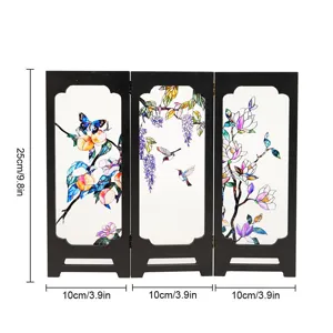 Miniature wooden folding screen with stained glass floral art for desktop home decor display.