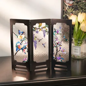 Vintage stained glass tabletop screen divider, miniature retro folding decorative ornament for desk.